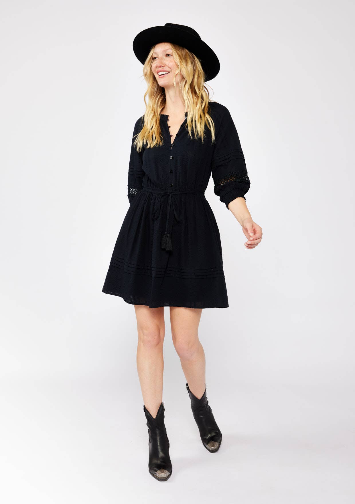 Black Ruffle Neck Mini Dress with Lace - Purpose + Passion Boutique