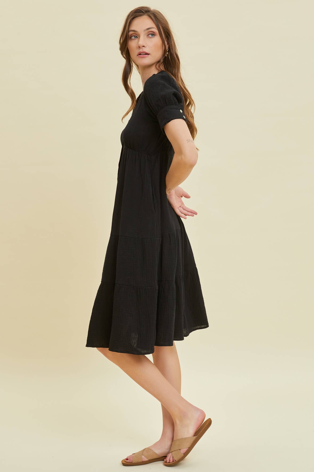 Black Short Sleeved Gauze Button - Down Midi Dress - Purpose + Passion Boutique