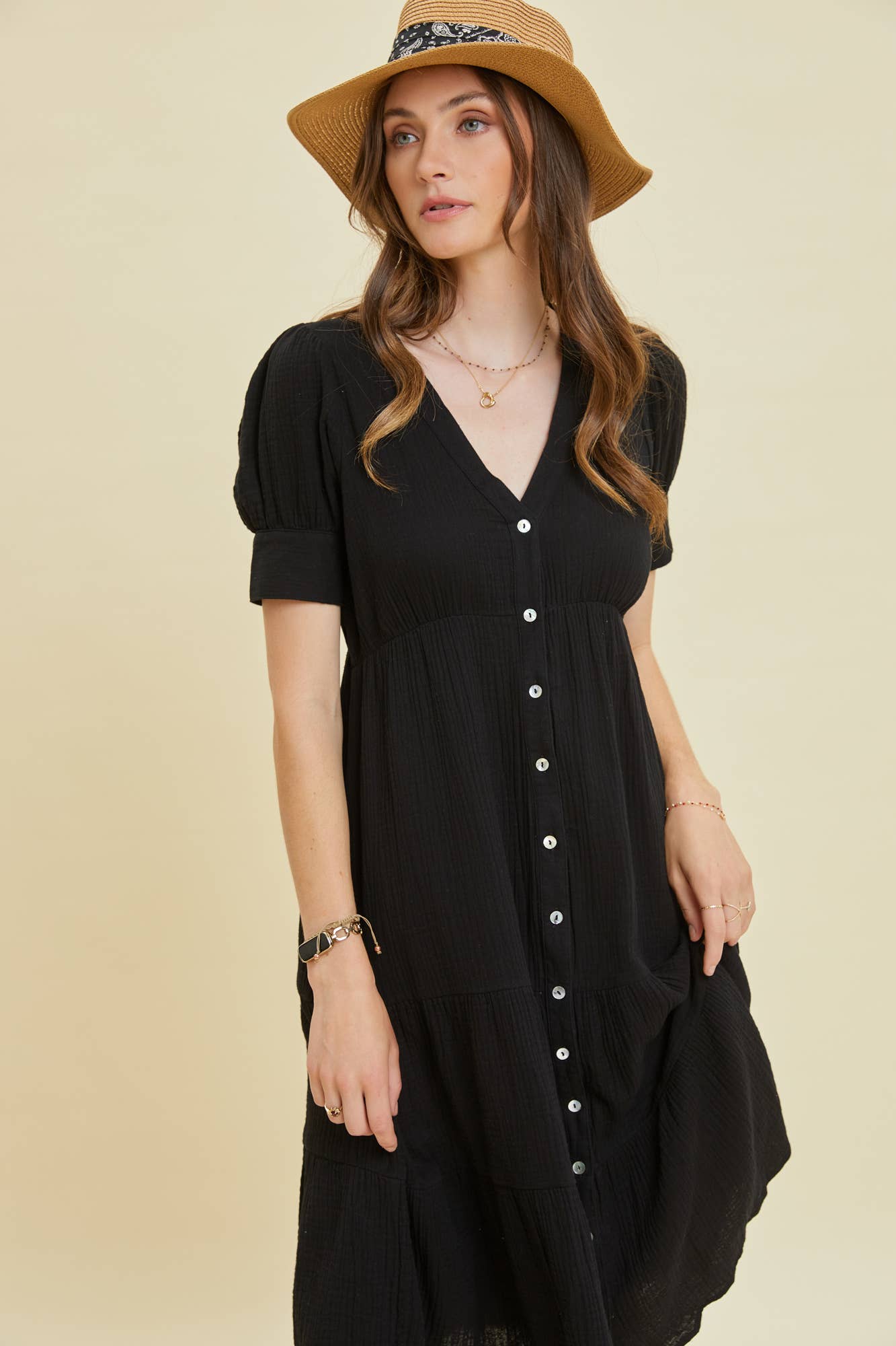 Black Short Sleeved Gauze Button - Down Midi Dress - Purpose + Passion Boutique