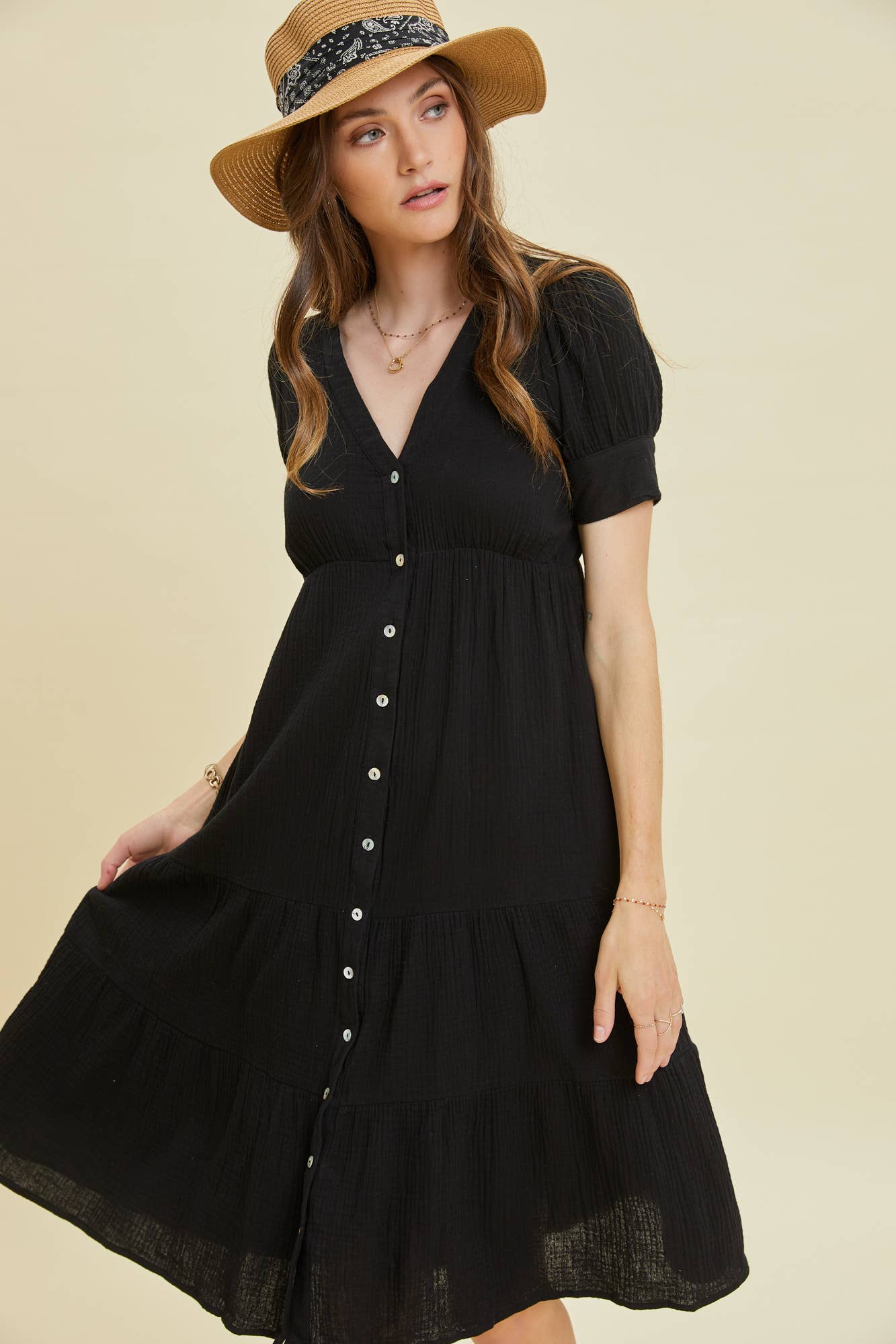 Black Short Sleeved Gauze Button - Down Midi Dress - Purpose + Passion Boutique