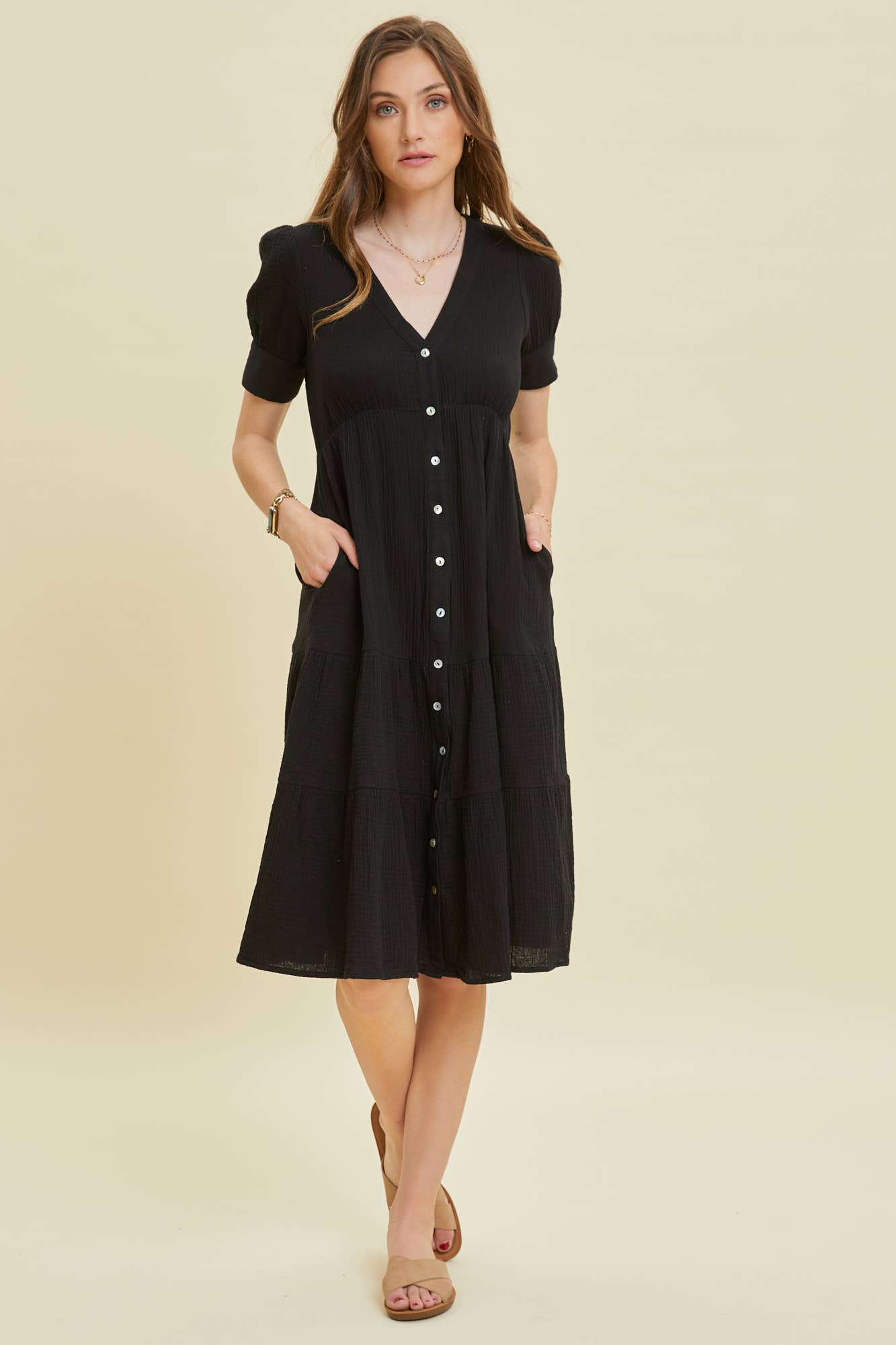 Black Short Sleeved Gauze Button - Down Midi Dress - Purpose + Passion Boutique