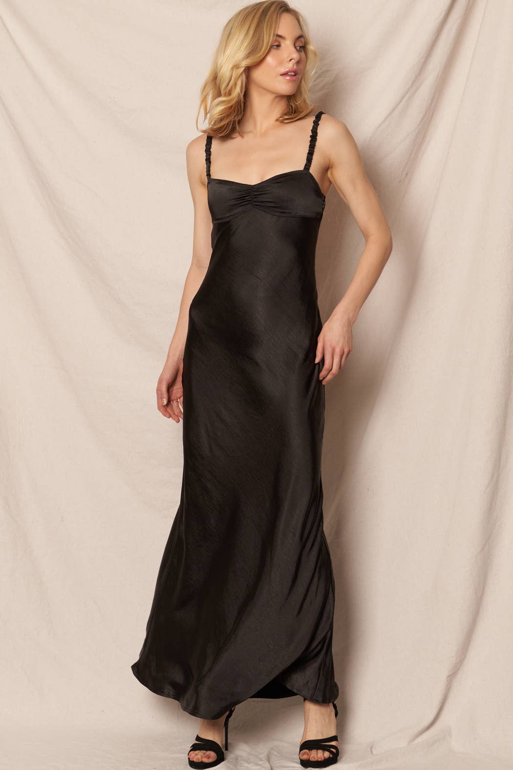 Black Sleeveless Sweetheart Neckline Satin Maxi Dress - Purpose + Passion Boutique