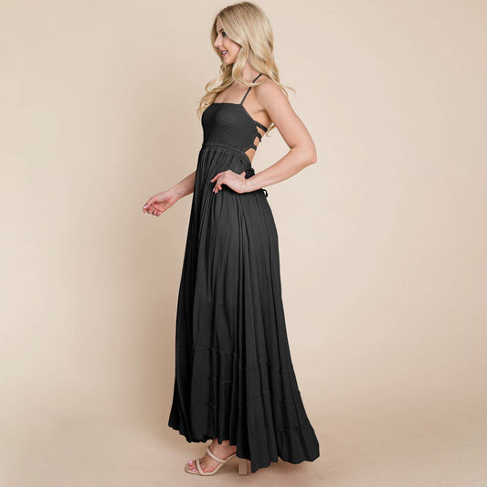 Black Smocked Flowy Boho Pleated Backless Maxi Dress - Purpose + Passion Boutique