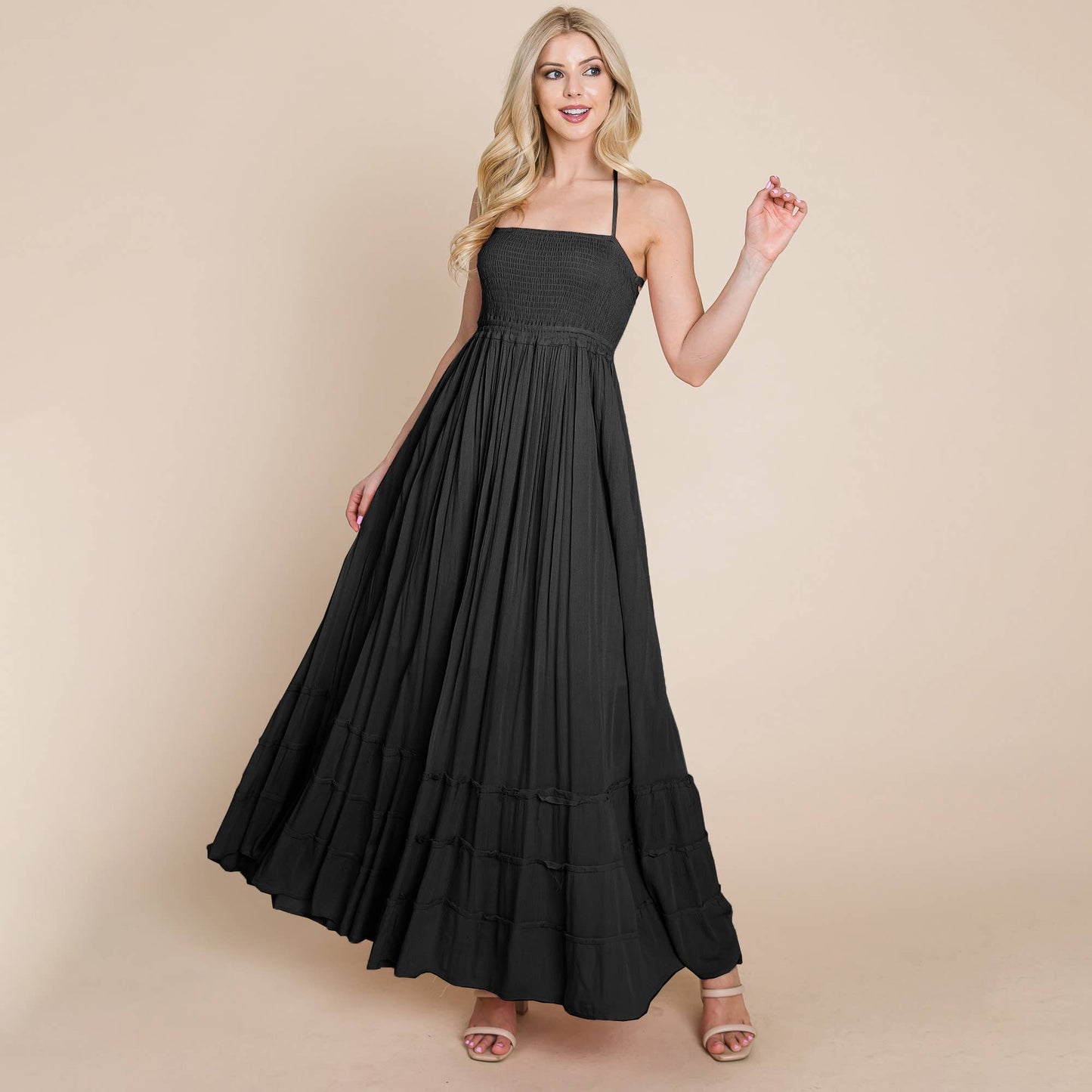 Black Smocked Flowy Boho Pleated Backless Maxi Dress - Purpose + Passion Boutique