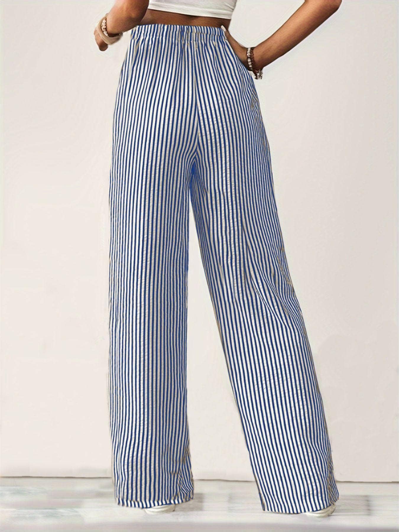 Black Striped Drawstring Straight Wide Leg Pants - Purpose + Passion Boutique