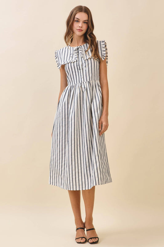 Black Striped Ruffled Square Collar Front Tie Midi Dress - Purpose + Passion Boutique