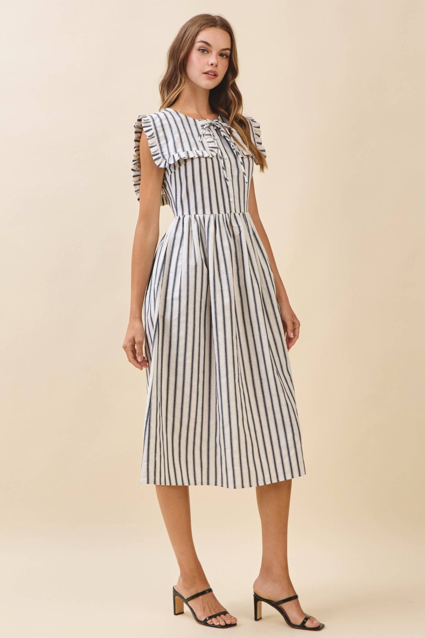 Black Striped Ruffled Square Collar Front Tie Midi Dress - Purpose + Passion Boutique