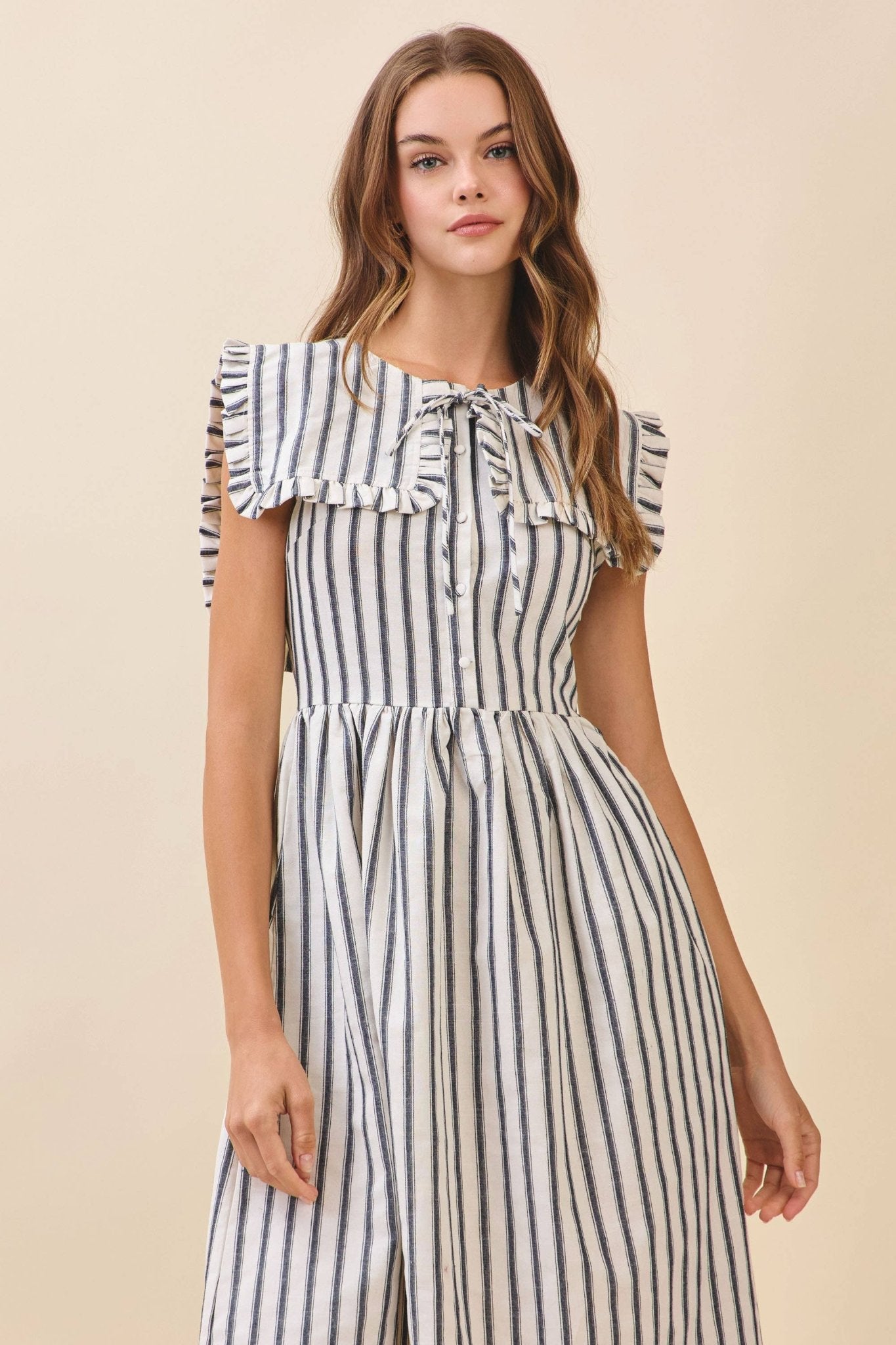 Black Striped Ruffled Square Collar Front Tie Midi Dress - Purpose + Passion Boutique