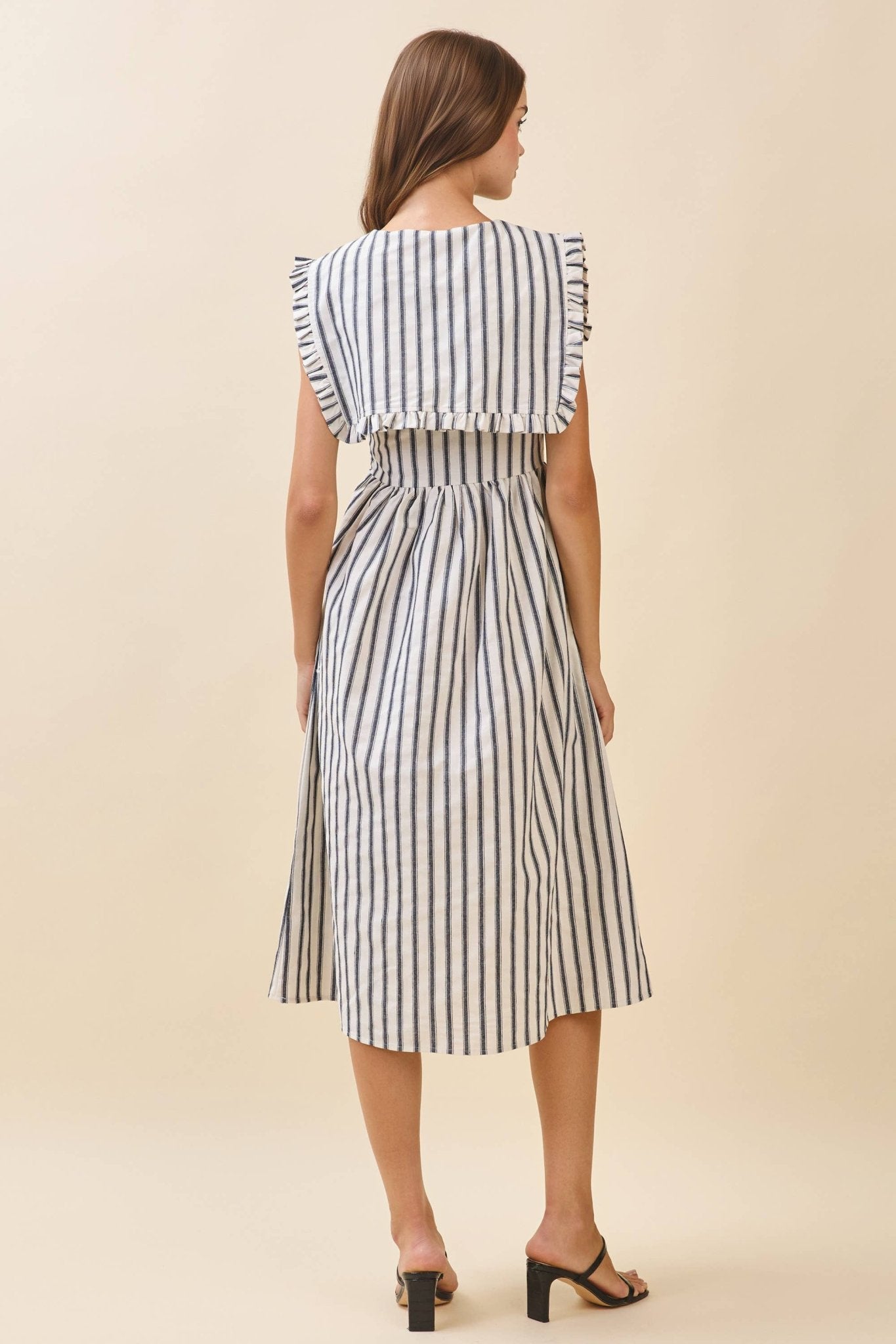 Black Striped Ruffled Square Collar Front Tie Midi Dress - Purpose + Passion Boutique