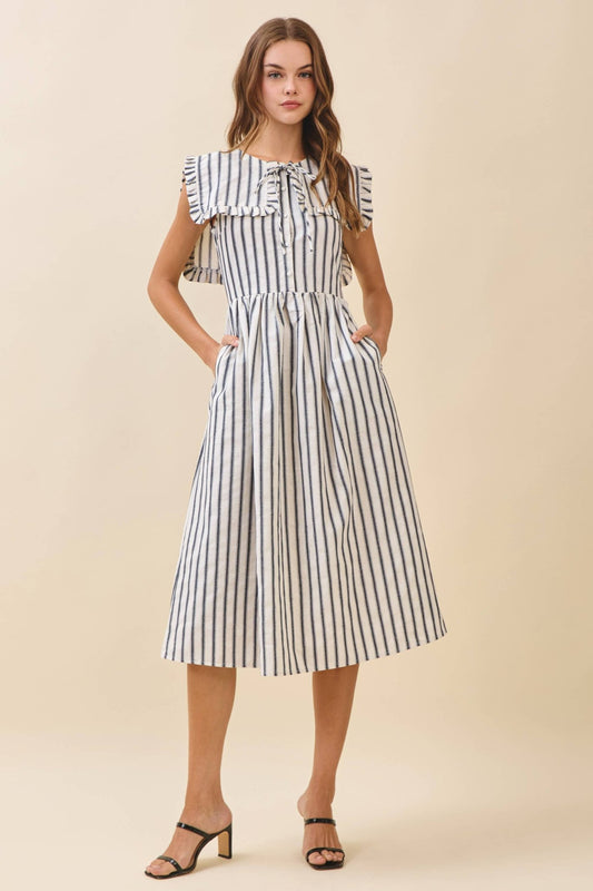 Black Striped Ruffled Square Collar Front Tie Midi Dress - Purpose + Passion Boutique