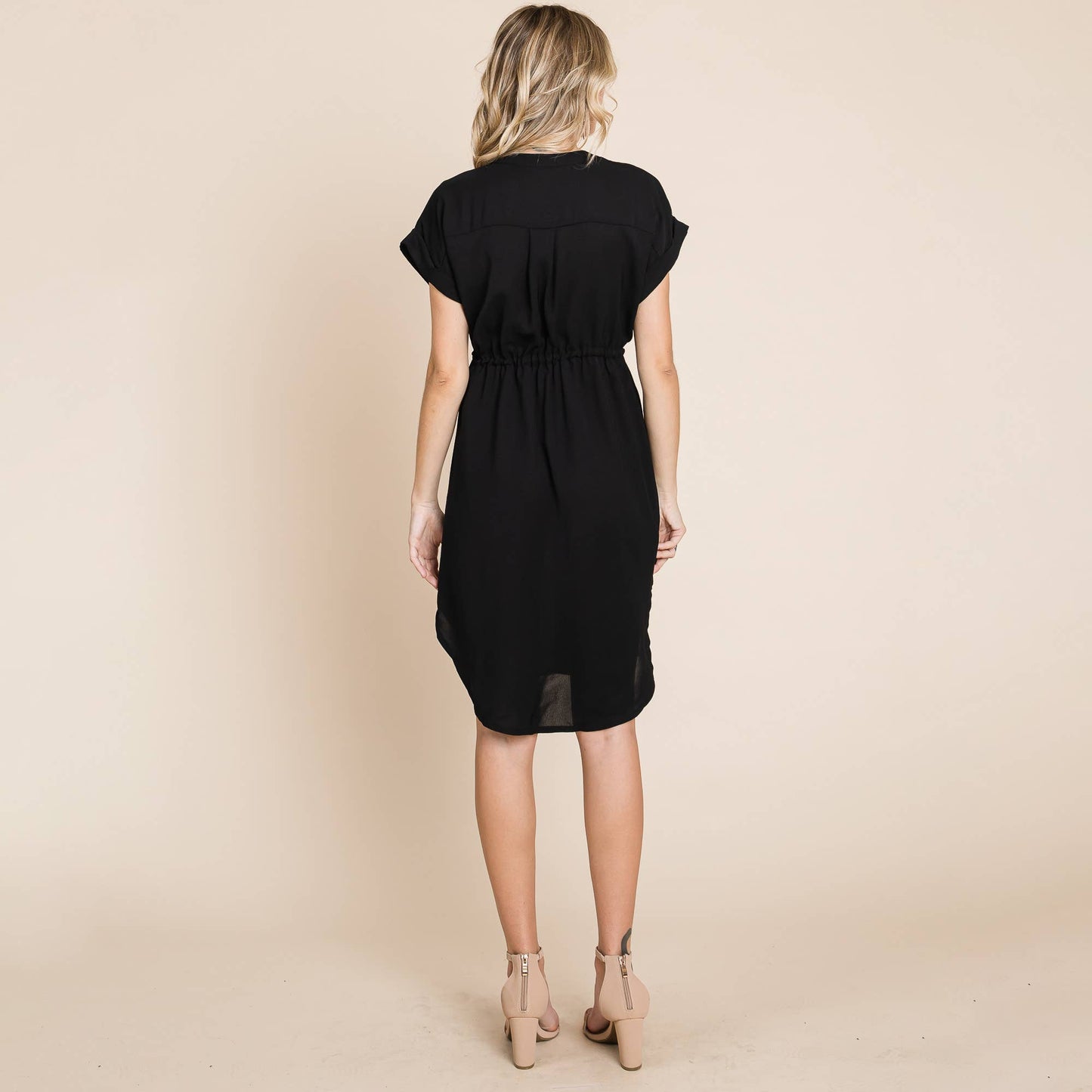 Black V - Neck Button up Short Sleeve Tie Waist Shirt Dress - Purpose + Passion Boutique