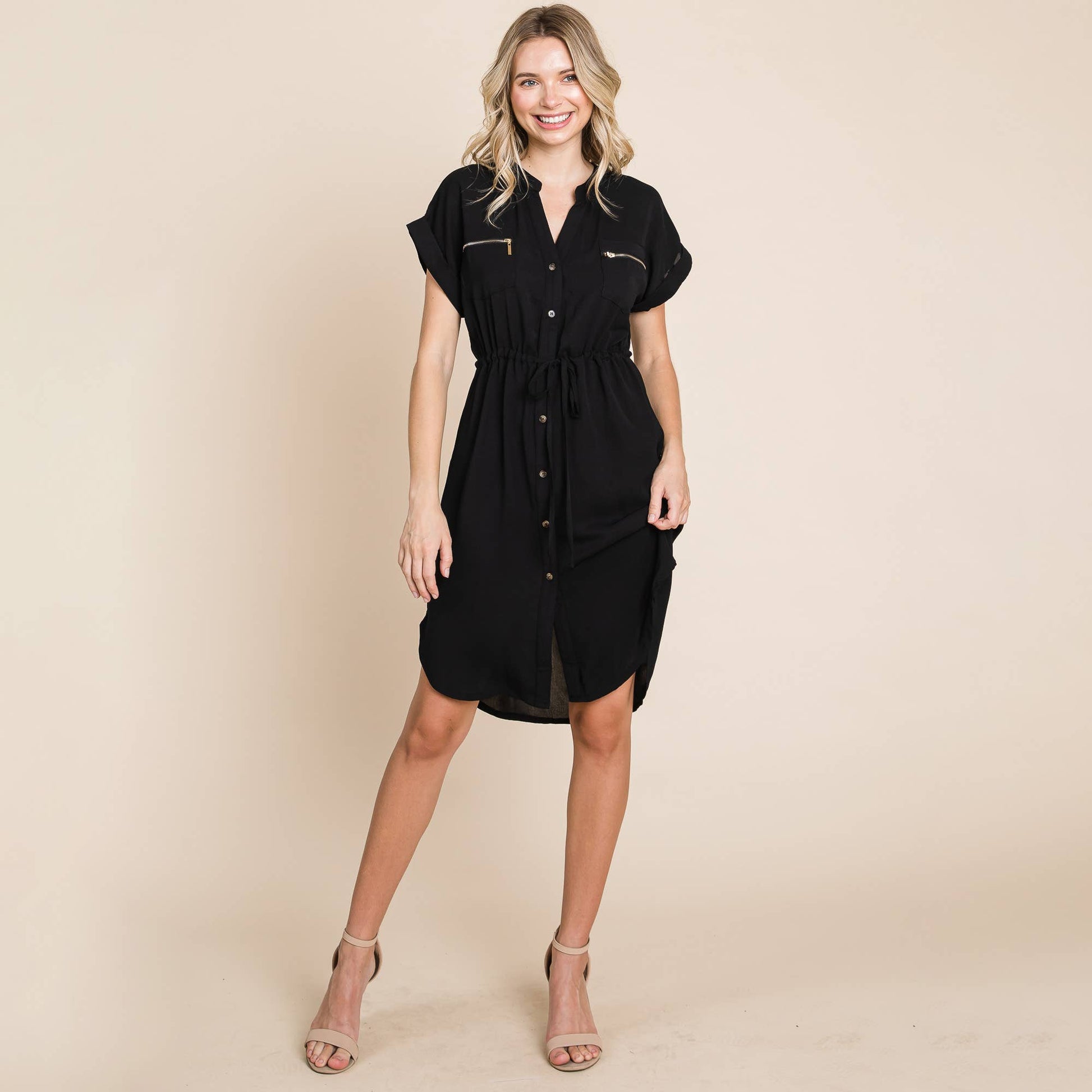 Black V - Neck Button up Short Sleeve Tie Waist Shirt Dress - Purpose + Passion Boutique