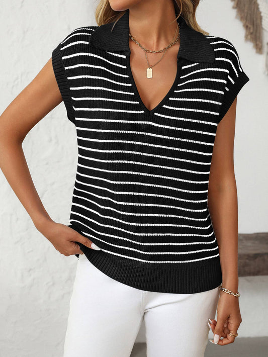 Black V - Neck Striped Lapel Knitted Vest Top - Purpose + Passion Boutique