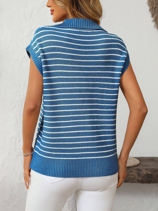 Black V - Neck Striped Lapel Knitted Vest Top - Purpose + Passion Boutique