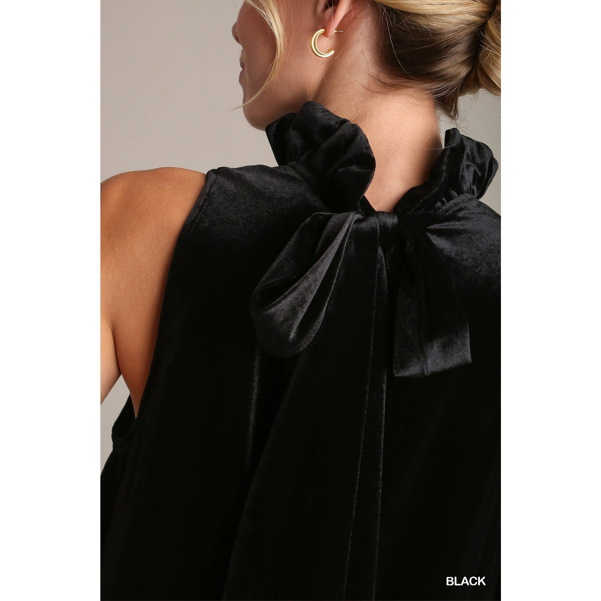 Black Velvet Ruffle Neck Halter Dress with Back Tie - Purpose + Passion Boutique