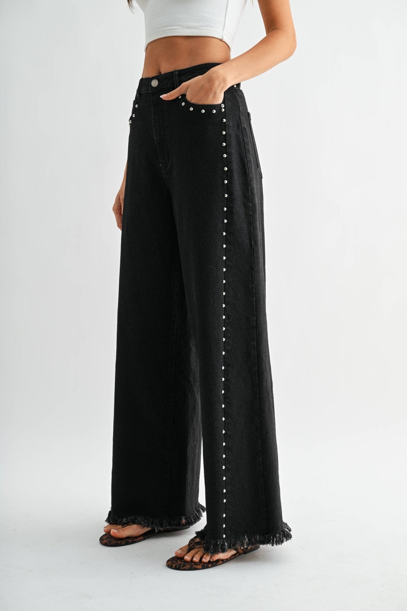 Black Wash High - Waisted Wide - Leg Denim Stud Pants - Purpose + Passion Boutique