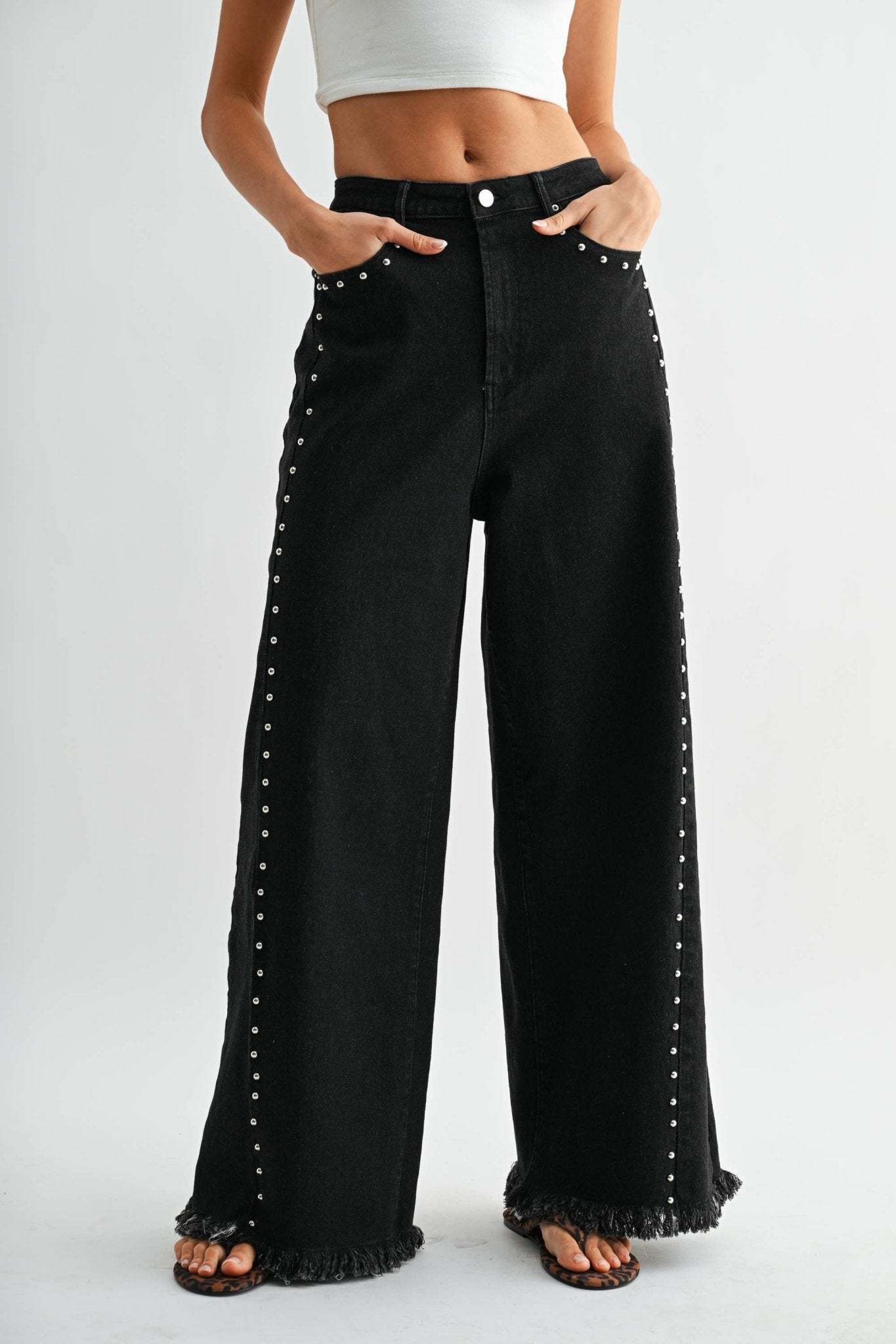 Black Wash High - Waisted Wide - Leg Denim Stud Pants - Purpose + Passion Boutique