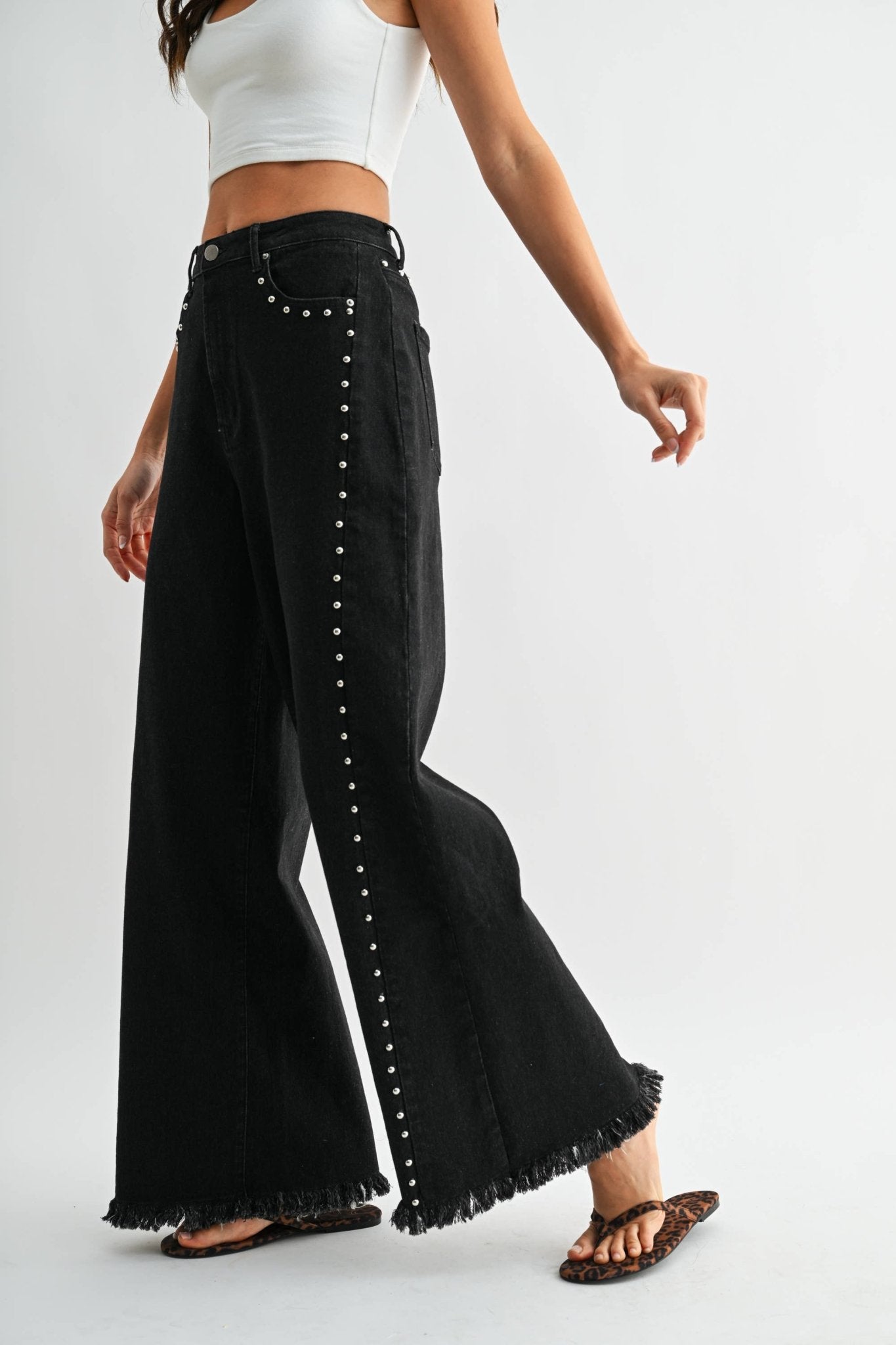 Black Wash High - Waisted Wide - Leg Denim Stud Pants - Purpose + Passion Boutique