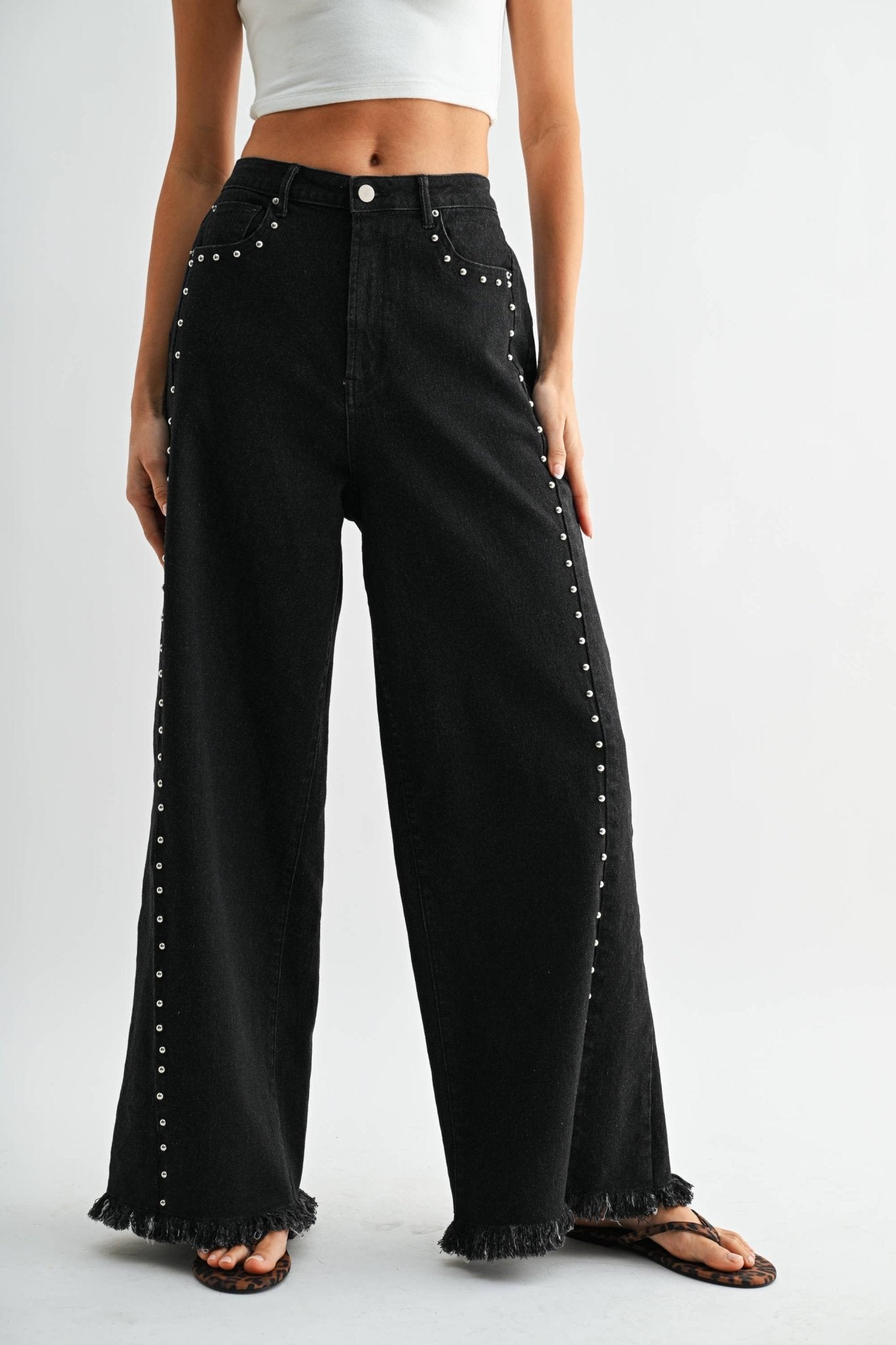 Black Wash High - Waisted Wide - Leg Denim Stud Pants - Purpose + Passion Boutique