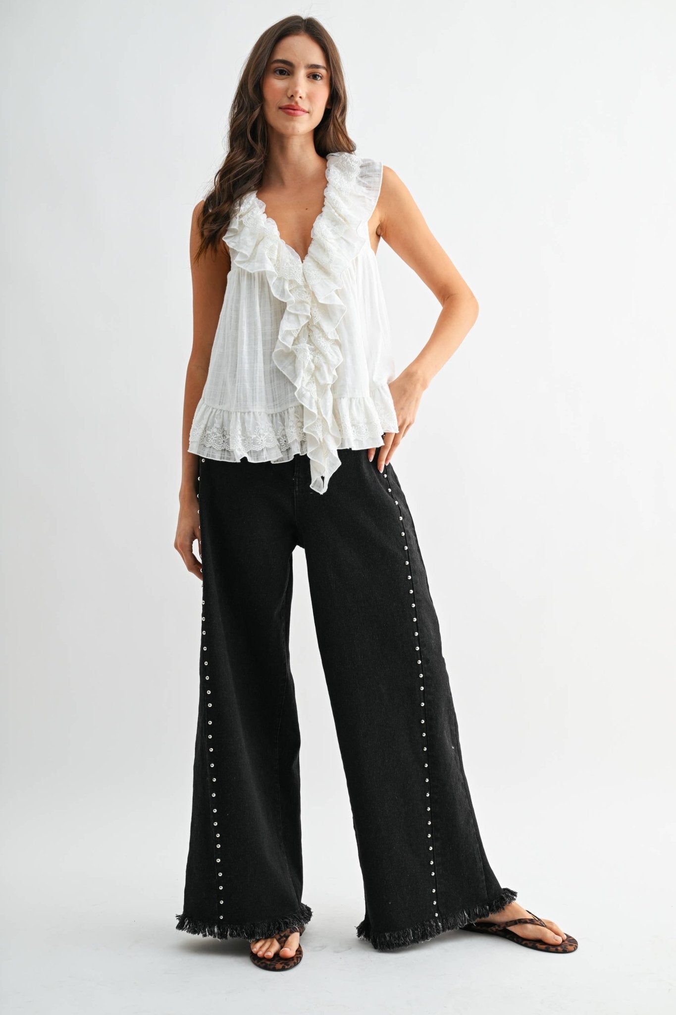 Black Wash High - Waisted Wide - Leg Denim Stud Pants - Purpose + Passion Boutique