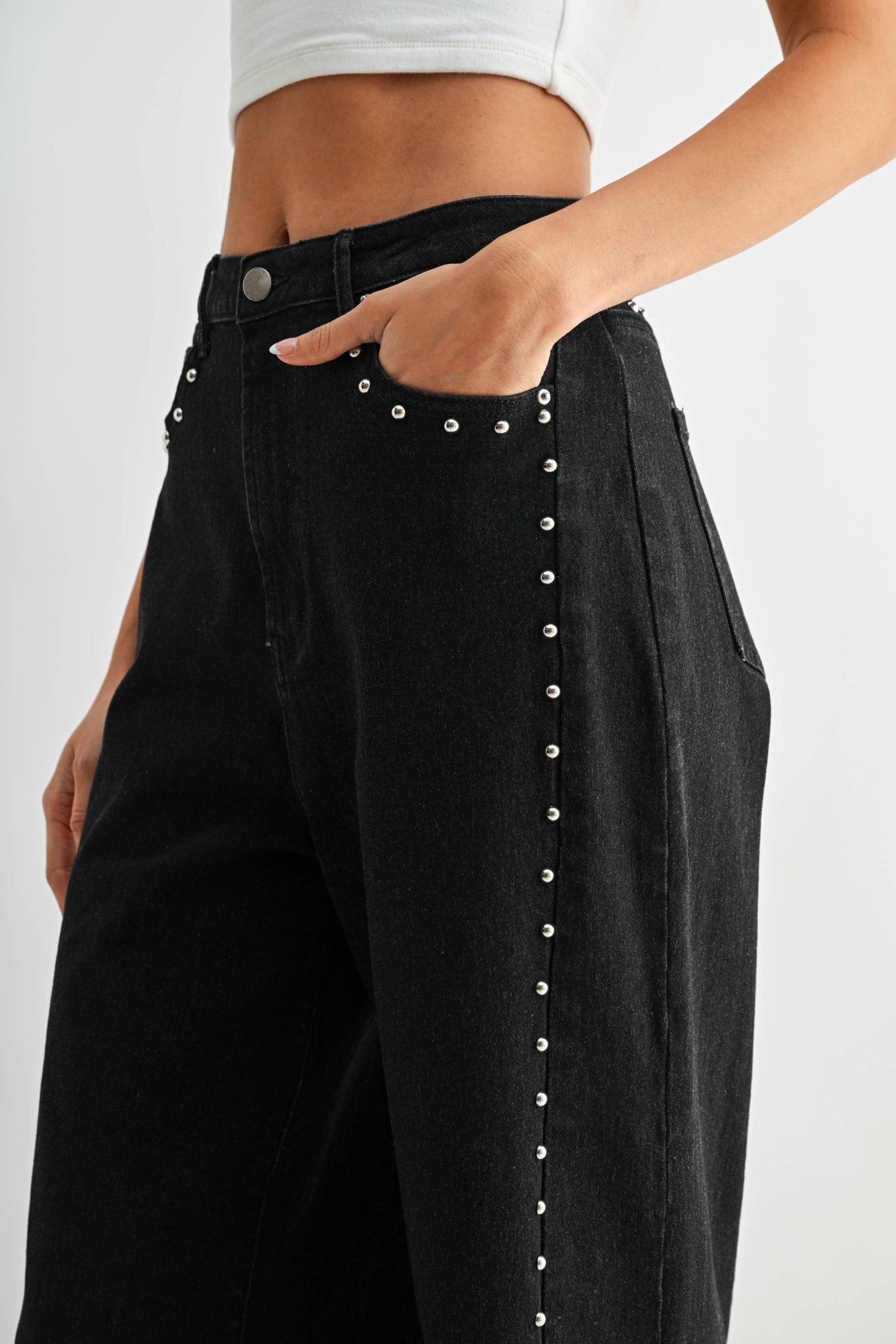 Black Wash High - Waisted Wide - Leg Denim Stud Pants - Purpose + Passion Boutique