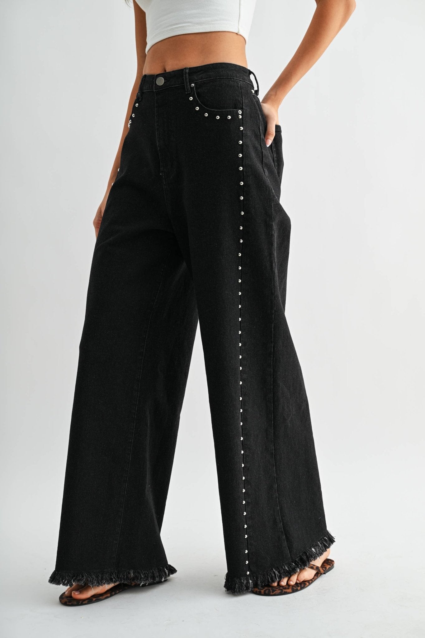 Black Wash High - Waisted Wide - Leg Denim Stud Pants - Purpose + Passion Boutique