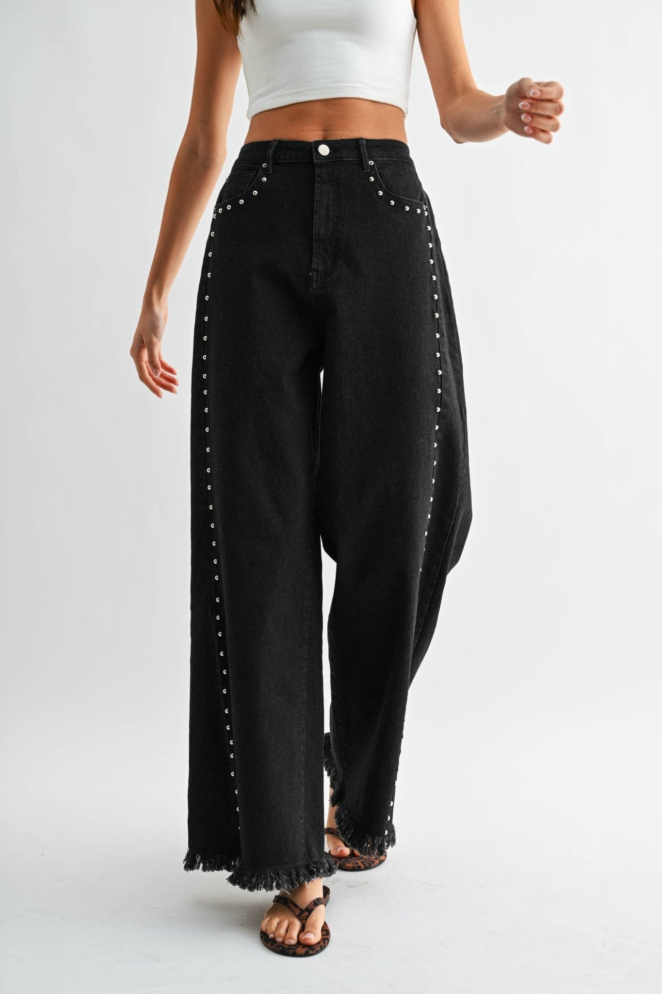 Black Wash High - Waisted Wide - Leg Denim Stud Pants - Purpose + Passion Boutique