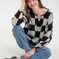 Black/Grey Checkered Split Long Sleeve Sweater - Purpose + Passion Boutique