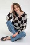 Black/Grey Checkered Split Long Sleeve Sweater - Purpose + Passion Boutique