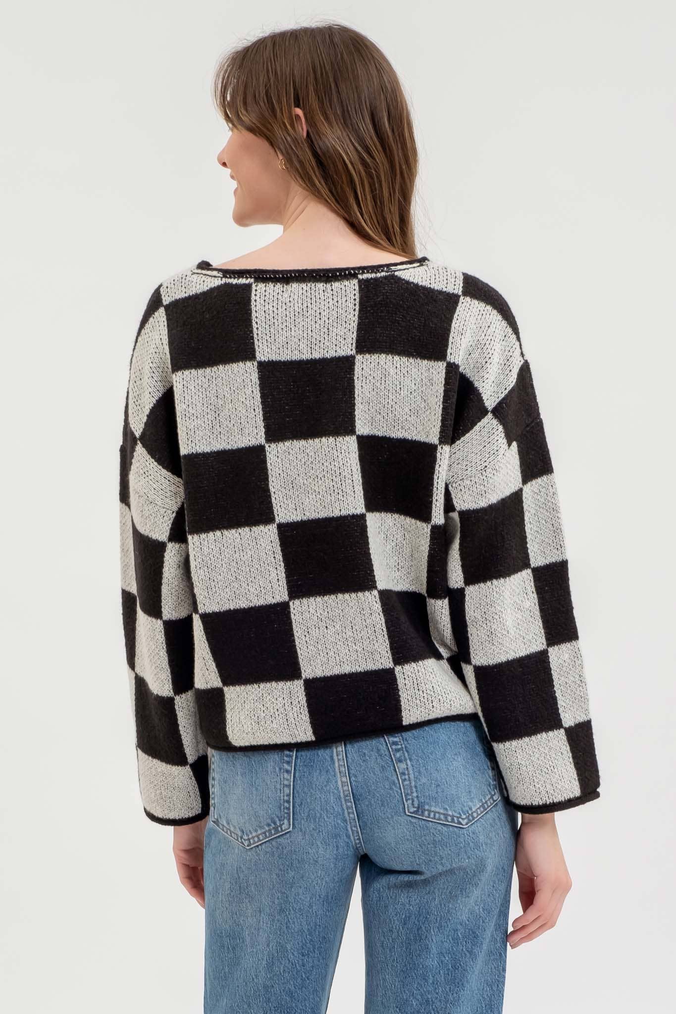 Black/Grey Checkered Split Long Sleeve Sweater - Purpose + Passion Boutique