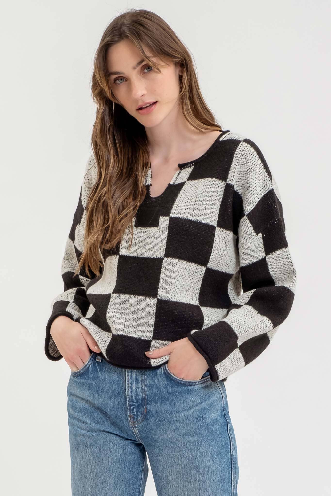 Black/Grey Checkered Split Long Sleeve Sweater - Purpose + Passion Boutique