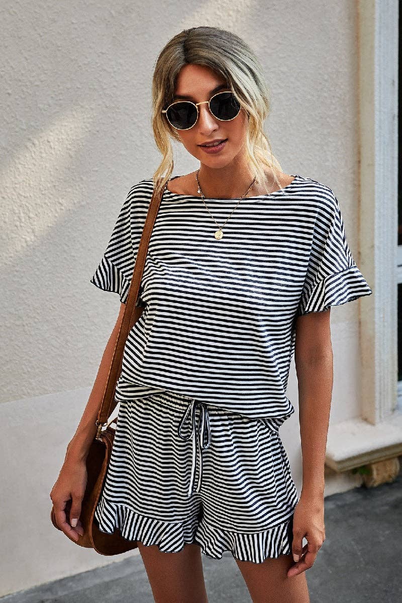 Black/White Round Neck Striped Top Short Set - Purpose + Passion Boutique