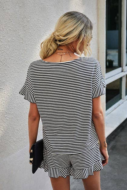 Black/White Round Neck Striped Top Short Set - Purpose + Passion Boutique