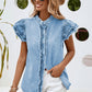 Blue Button Front Ruffle Flutter Fray Denim Blouse - Purpose + Passion Boutique