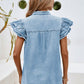 Blue Button Front Ruffle Flutter Fray Denim Blouse - Purpose + Passion Boutique