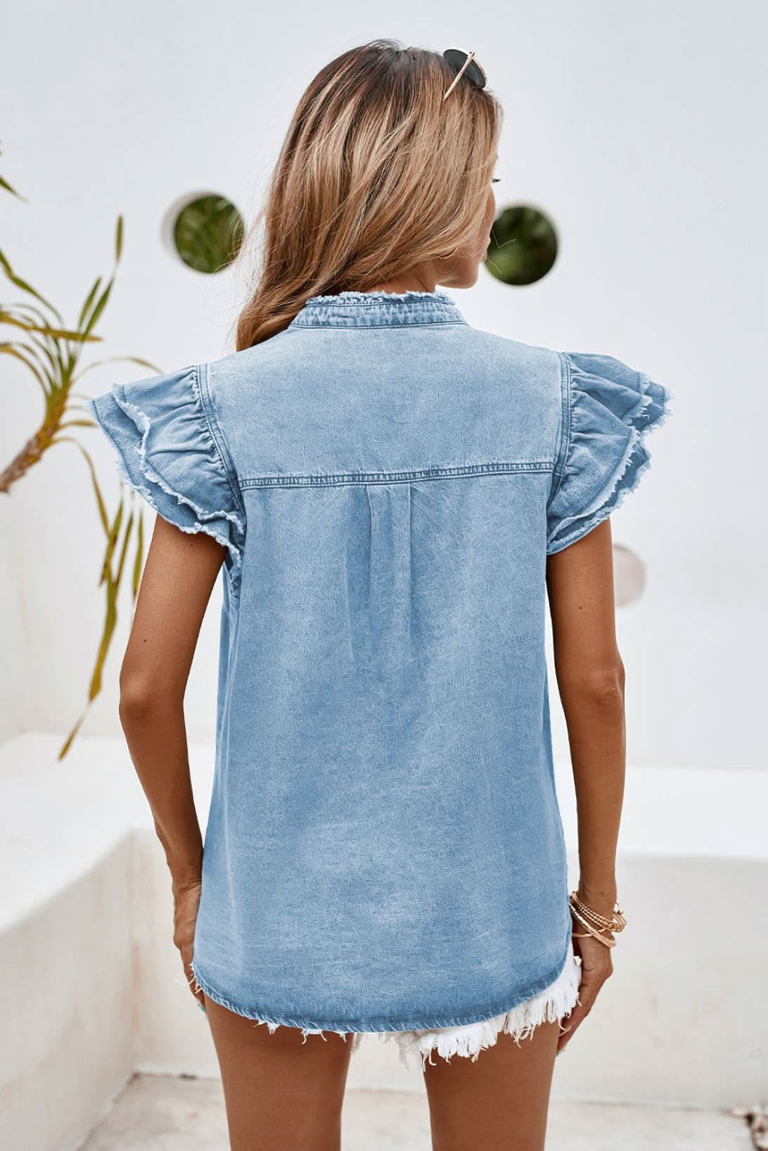 Blue Button Front Ruffle Flutter Fray Denim Blouse - Purpose + Passion Boutique