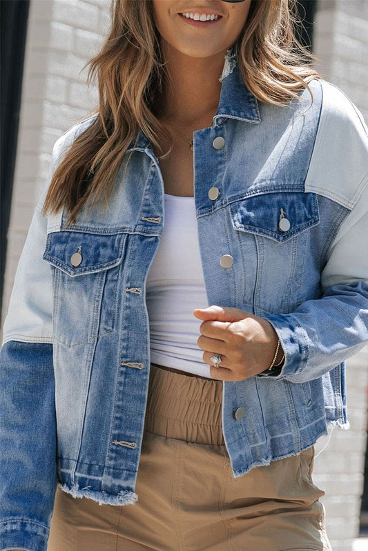 Blue Color Block Denim Patchwork Frayed Hem Jacket - Purpose + Passion Boutique