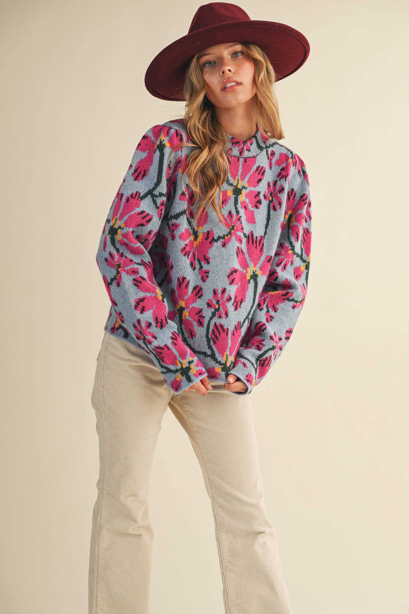 Blue + Fuchsia Floral Mock Neck Sweater - Purpose + Passion Boutique