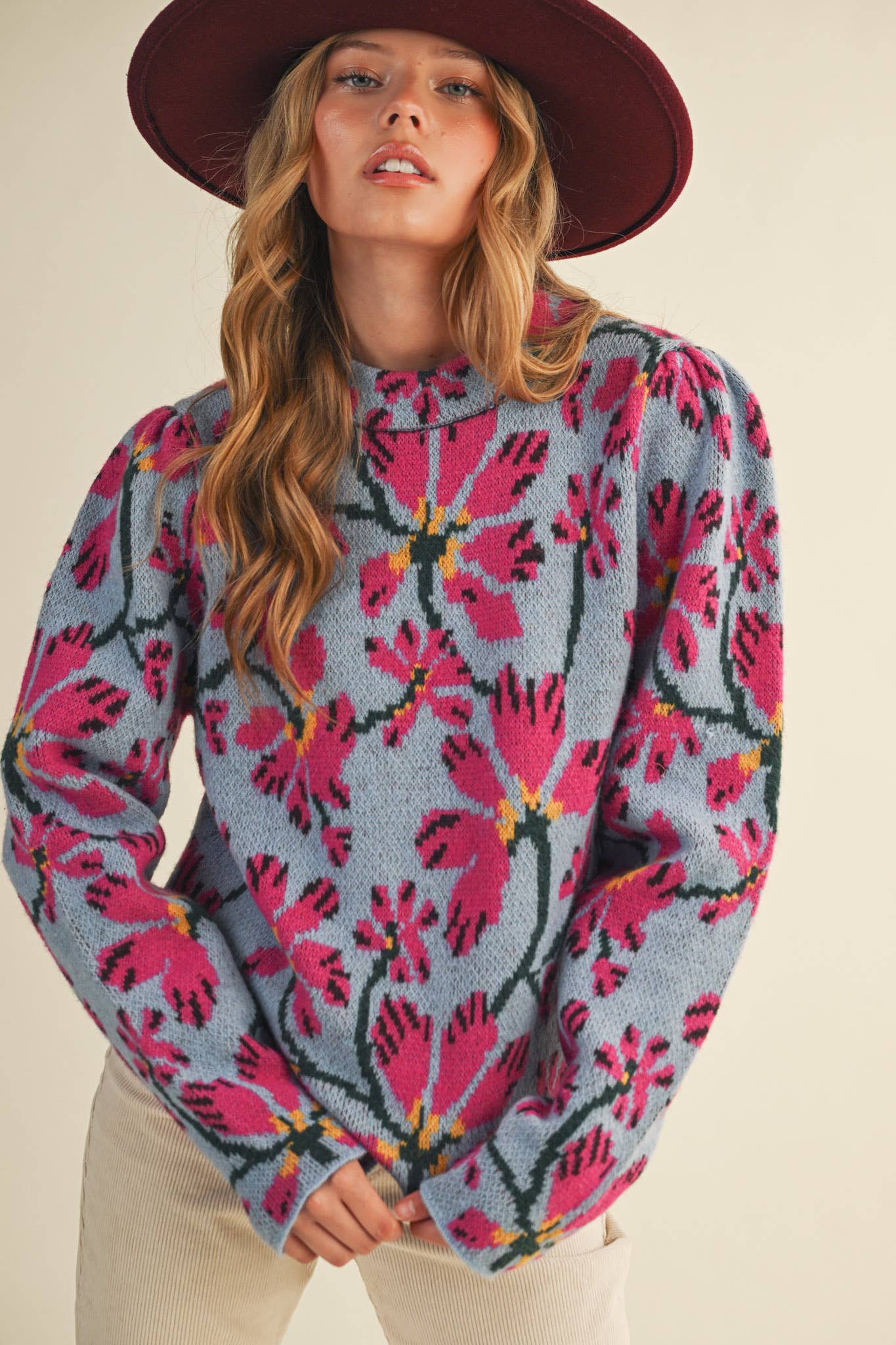 Blue + Fuchsia Floral Mock Neck Sweater - Purpose + Passion Boutique