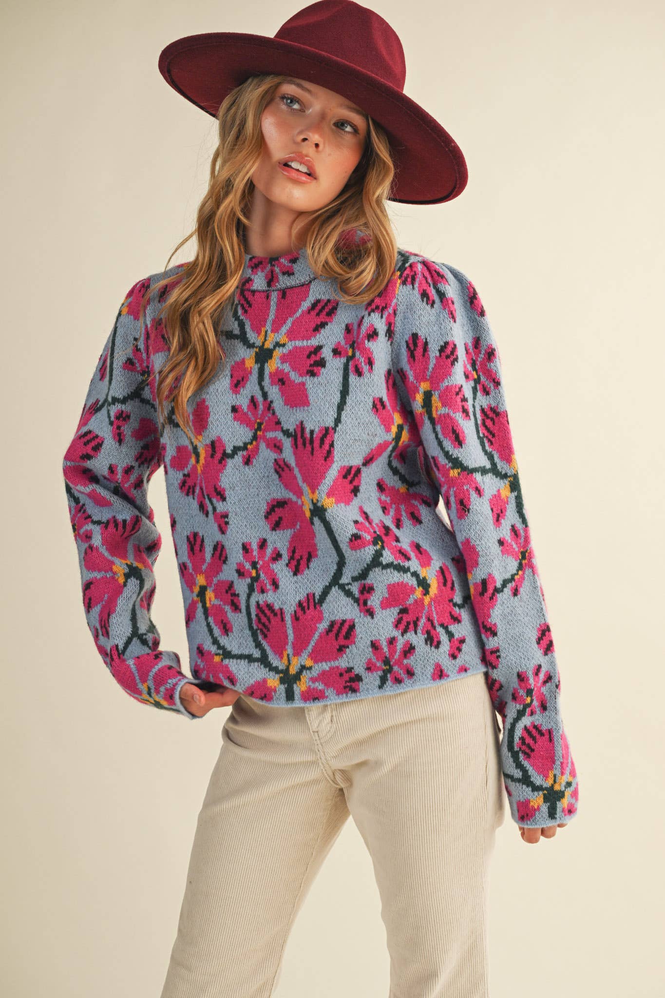 Blue + Fuchsia Floral Mock Neck Sweater - Purpose + Passion Boutique