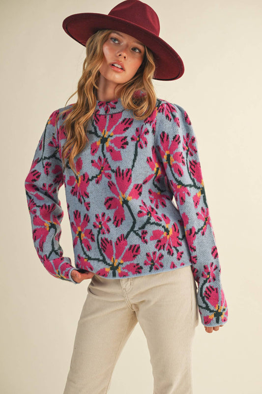 Blue + Fuchsia Floral Mock Neck Sweater - Purpose + Passion Boutique