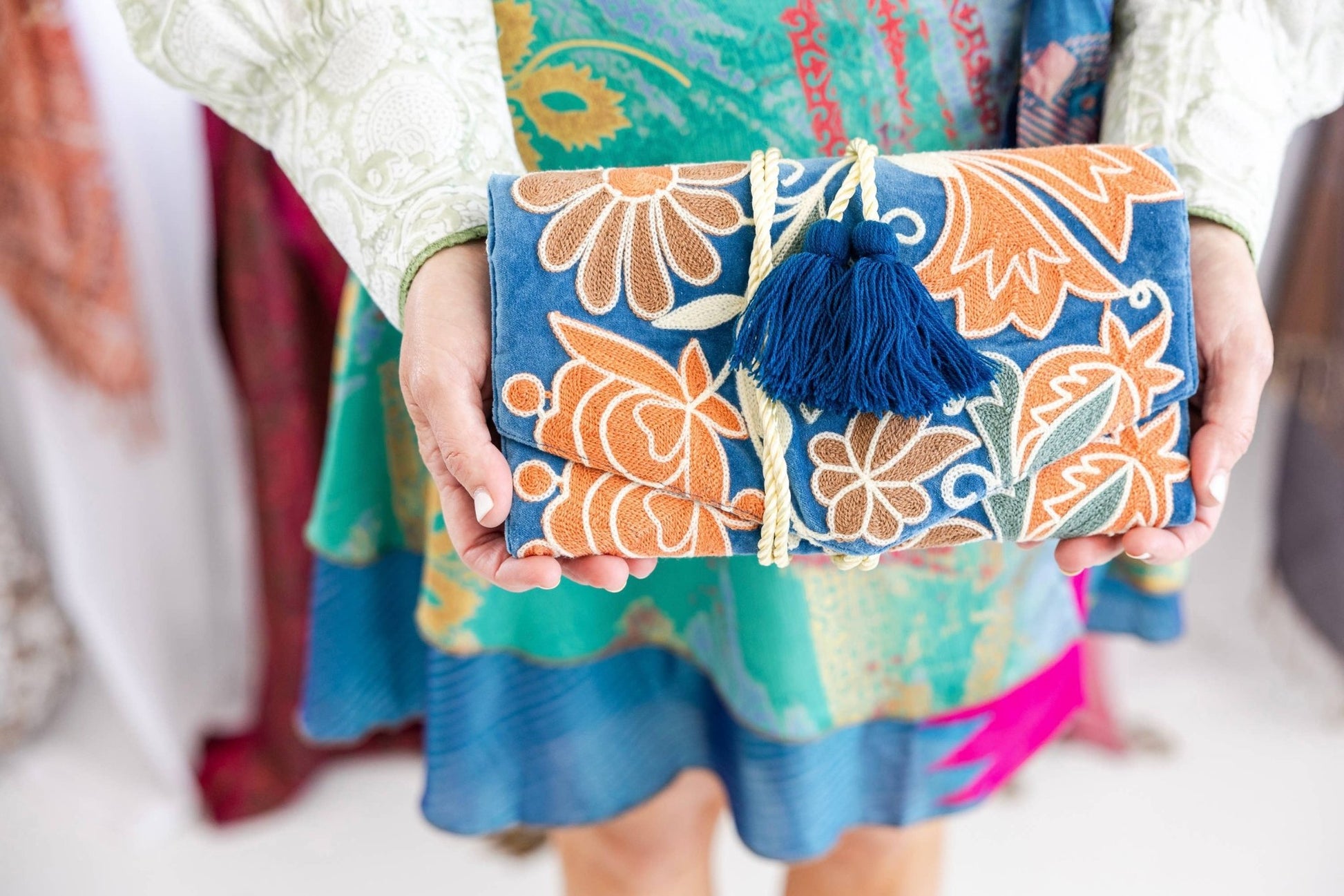 Blue + Orange Embroidered Velvet Jewelry Organizer - Purpose + Passion Boutique