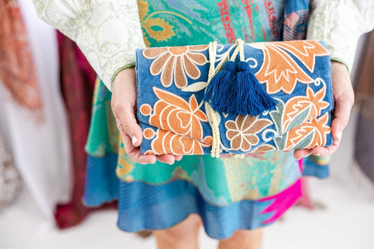 Blue + Orange Embroidered Velvet Jewelry Organizer - Purpose + Passion Boutique