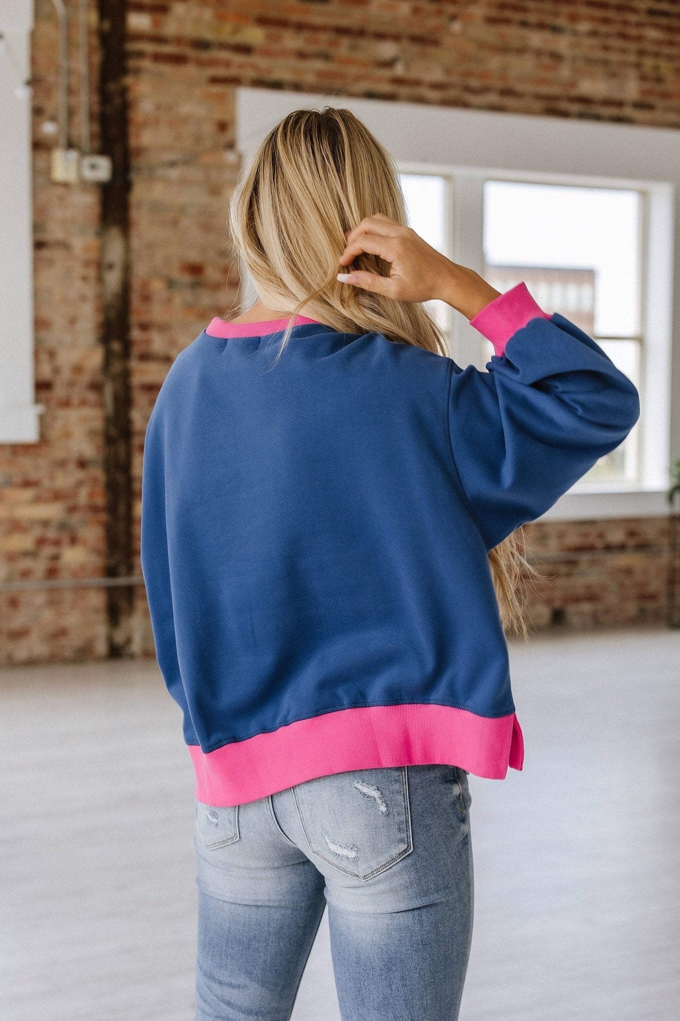 Blue + Pink Contrast Trim Sweatshirt  - Purpose + Passion Boutique