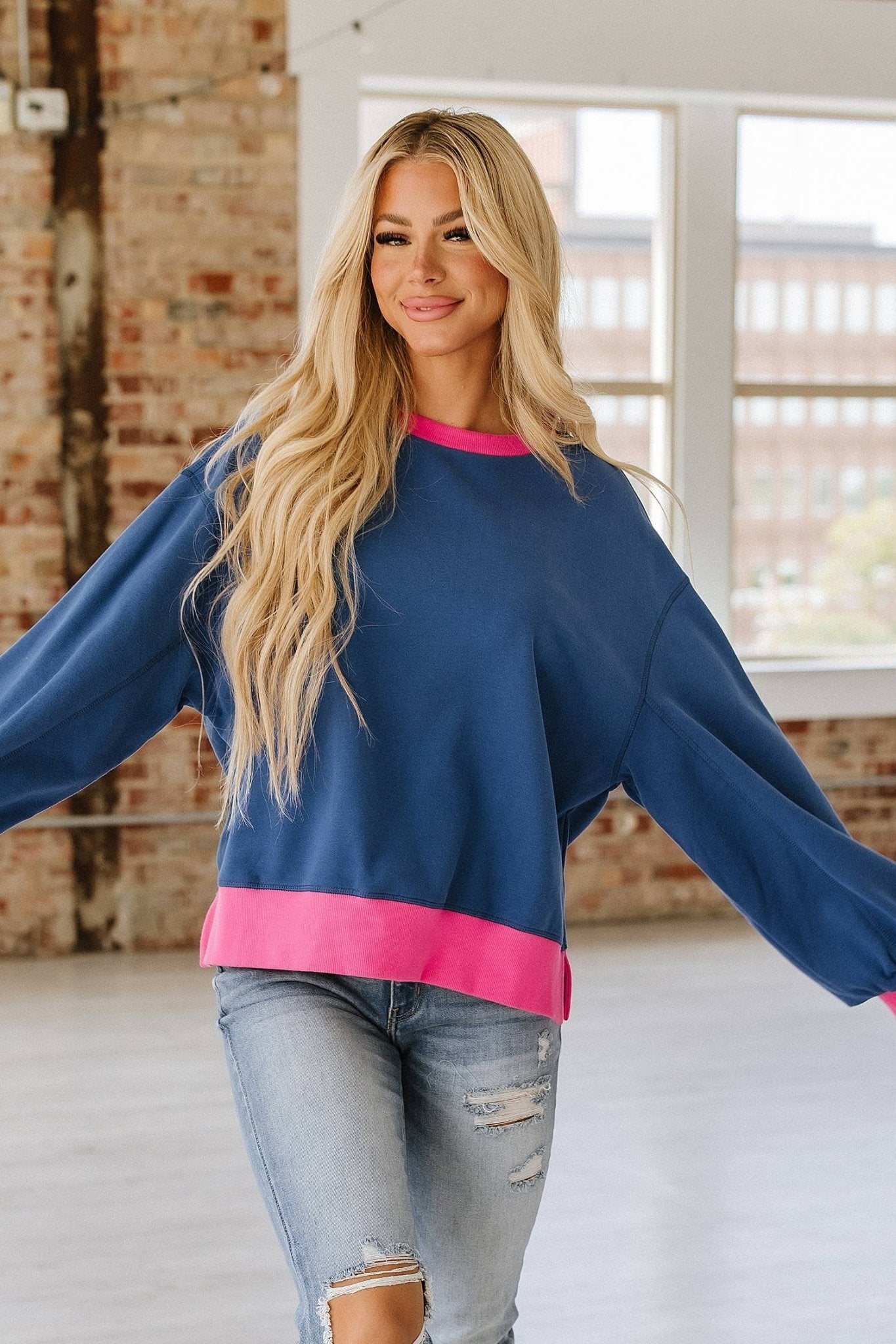 Blue + Pink Contrast Trim Sweatshirt  - Purpose + Passion Boutique