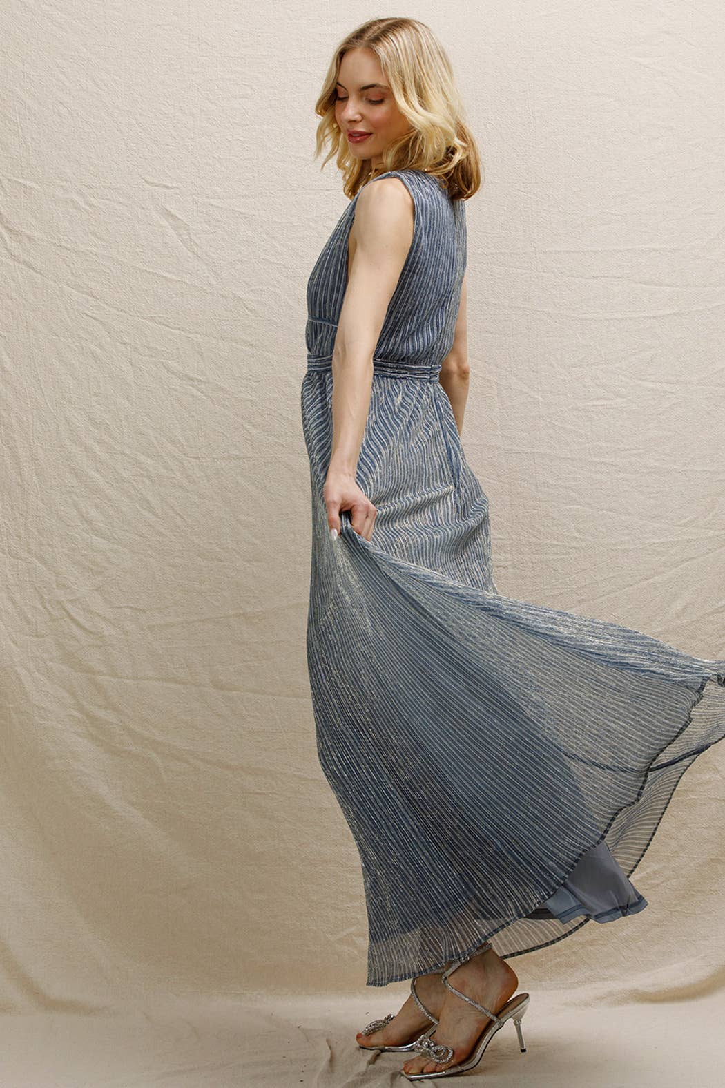 Blue Silver Strappy V - Neck Shimmery Maxi Dress - Purpose + Passion Boutique