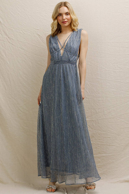 Blue Silver Strappy V - Neck Shimmery Maxi Dress - Purpose + Passion Boutique
