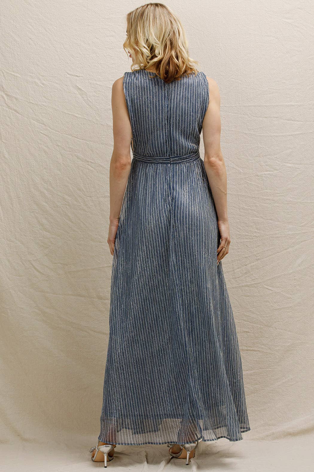 Blue Silver Strappy V - Neck Shimmery Maxi Dress - Purpose + Passion Boutique