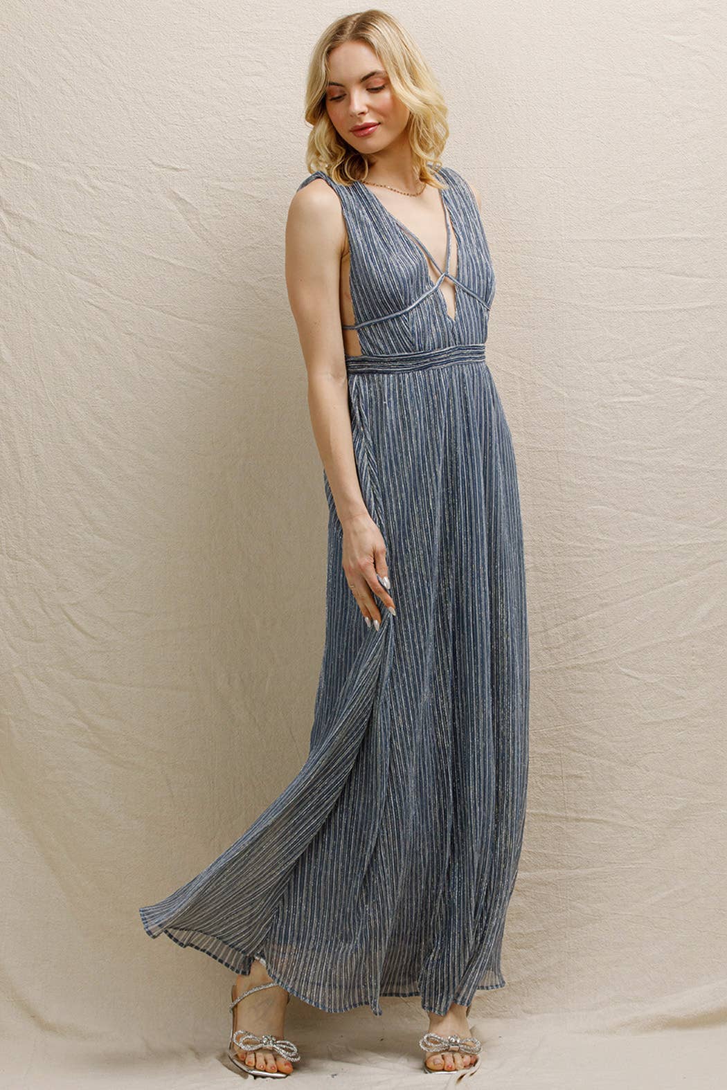 Blue Silver Strappy V - Neck Shimmery Maxi Dress - Purpose + Passion Boutique