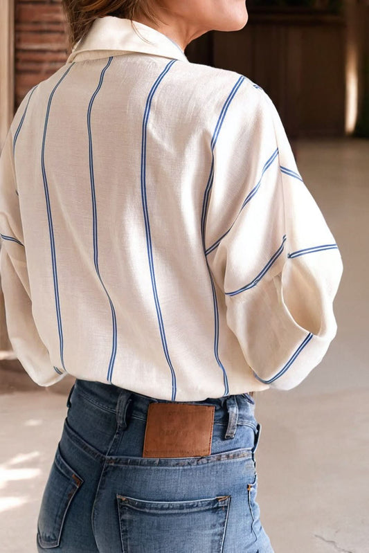 Blue Stripe Drop Shoulder Bubble Sleeve Blouse - Purpose + Passion Boutique